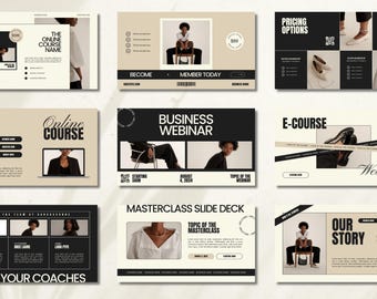 May include: A slide deck for an online business course or webinar. The slides feature a black and white colour scheme with a modern design. The slides include text such as "Online Course", "Business Webinar", "Masterclass Slide Deck", "E-Course", and "Our Story".