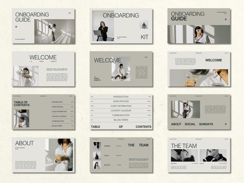 Pu&ograve; includere: Una raccolta di diapositive di presentazione grigio chiaro e bianche. Le diapositive presentano titoli come "Guida all'onboarding", "Benvenuto" e "Sommario". Ogni diapositiva include testo e immagini di persone, con un design minimalista.