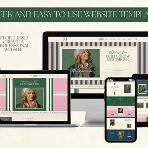 May include: A website template displayed on a laptop, desktop, tablet, and smartphone. The website design features a green and pink striped background with a photo of a woman. Text includes "Sleek and Easy to Use Website Template" and "Effortlessly Create a Professional Website."