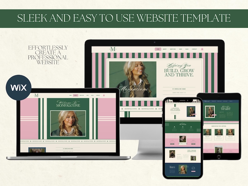 May include: A website template displayed on a laptop, desktop, tablet, and smartphone. The website design features a green and pink striped background with a photo of a woman. Text includes "Sleek and Easy to Use Website Template" and "Effortlessly Create a Professional Website."