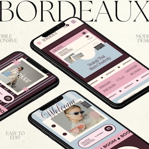 May include: Three smartphones displaying a website interface with a color palette of burgundy, light blue, and white. The screens feature text including BORDEAUX, Bonjour, Welcome, Creative Marketing, and Strategy That Meets Creativity.