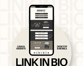 May include: A mobile phone screen displaying a link in bio page for a business called "annecy". The page features a black and white vintage rotary phone, a typewriter, and links to the business's website, social media, and mailing list. The text "Take 20% off" is also displayed on the page.