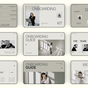 Pu&ograve; includere: Una raccolta di diapositive di presentazione digitale con un design minimalista. Le diapositive presentano testo come "Onboarding Kit", "Goals" e "The Team", insieme a immagini e grafica di accompagnamento. La tavolozza dei colori &egrave; principalmente di tonalit&agrave; neutre.