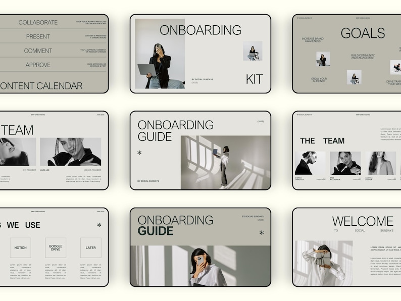 Pu&ograve; includere: Una raccolta di diapositive di presentazione digitale con un design minimalista. Le diapositive presentano testo come "Onboarding Kit", "Goals" e "The Team", insieme a immagini e grafica di accompagnamento. La tavolozza dei colori &egrave; principalmente di tonalit&agrave; neutre.