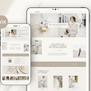 K&ouml;nnte beinhalten: Ein Website-Mockup auf einem Tablet und einem Telefon, das eine Fotografie-Portfolio-Website mit dem Text "VINCE FINE ART PHOTOGRAPHY" und "WELCOME TO THE WONDERFUL WORLD OF FINE ART PHOTOGRAPHY" zeigt. Die Website enth&auml;lt auch einen Abschnitt mit dem Titel "STORES I LOVE TO CAPTURE" mit Bildern verschiedener Gesch&auml;fte.
