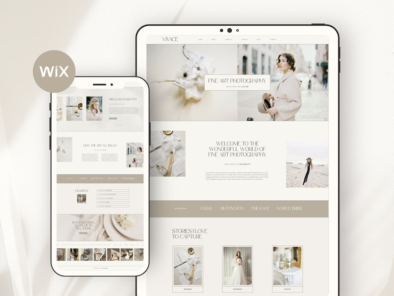 K&ouml;nnte beinhalten: Ein Website-Mockup auf einem Tablet und einem Telefon, das eine Fotografie-Portfolio-Website mit dem Text "VINCE FINE ART PHOTOGRAPHY" und "WELCOME TO THE WONDERFUL WORLD OF FINE ART PHOTOGRAPHY" zeigt. Die Website enth&auml;lt auch einen Abschnitt mit dem Titel "STORES I LOVE TO CAPTURE" mit Bildern verschiedener Gesch&auml;fte.