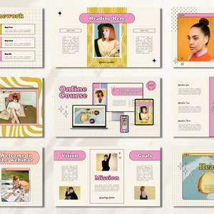 Pode incluir: Um conjunto de slides de apresentação com uma estética retro dos anos 70. Os slides apresentam uma variedade de imagens, incluindo uma mulher com uma faixa de cabeça, uma mulher sentada em uma cadeira e uma mulher segurando um livro. Os slides também incluem texto como "Step Framework", "Online Course", "Welcome to the webinar", "Vision", "Mission", "Goals", "Master Slide", "Table of Contents" e "Heading Here".