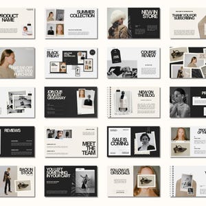 May include: A collection of promotional cards with a minimalist design. Each card features a black and white photo, with text such as "Product Name", "Summer Collection", "New in Store", and "Black Friday". The cards are on a light beige background.