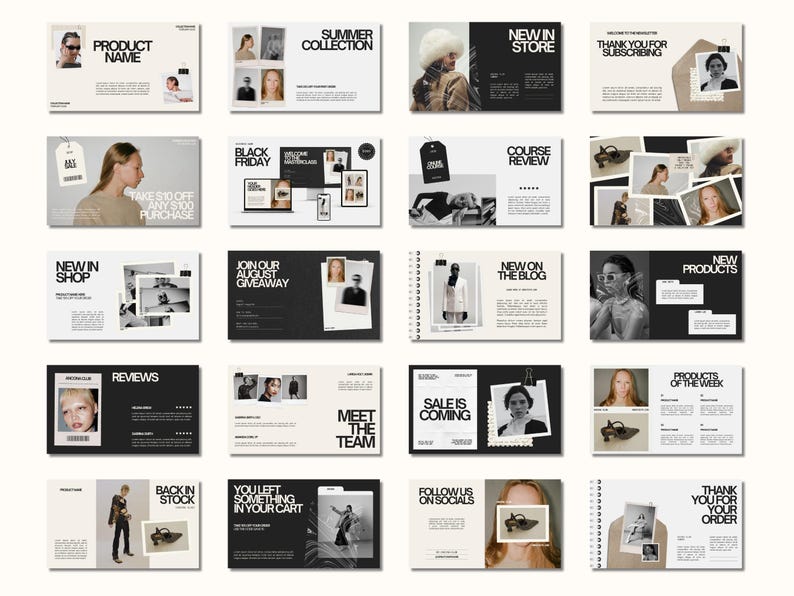 May include: A collection of promotional cards with a minimalist design. Each card features a black and white photo, with text such as "Product Name", "Summer Collection", "New in Store", and "Black Friday". The cards are on a light beige background.