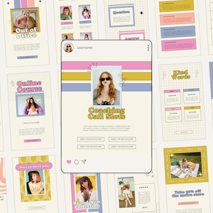 May include: A collage of social media posts with a retro aesthetic. The posts feature images of women, text, and graphics. The text includes "Coaching Call Slots", "Kind Words", "June Giveaway", "Online Course", "Brand New Collection", and "Take 90% off the entire store".