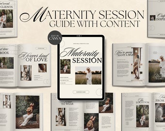 Przewodnik dla klienta CANVA Modern Maternity Session z treścią, wstępnie napisany przewodnik powitalny, edytowalny przewodnik fotograficzny z tekstem, sesja ciążowa