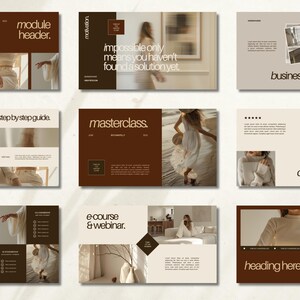 May include: A presentation slide deck with a brown and beige color scheme. The slides feature text and images related to business, motivation, and online courses. The text on the slides includes "module header", "motivation", "impossible only means you haven't found a solution yet", "step by step guide", "masterclass", "e-course & webinar", "business webinar", "course review", and "heading here".