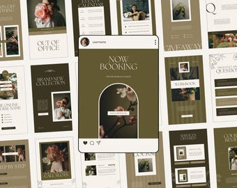 May include: A series of social media templates in olive green and cream. The designs feature text like "Now Booking", "Out of Office", and "Brand New Collection". Floral and botanical illustrations are used throughout the templates.