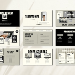 Puede incluir: Una p&aacute;gina de aterrizaje de curso en l&iacute;nea en blanco y negro con un fondo beige. La p&aacute;gina incluye secciones para rese&ntilde;as de cursos, testimonios, opciones de precios, opciones de membres&iacute;a y qu&eacute; hay dentro del curso. La p&aacute;gina tambi&eacute;n incluye una secci&oacute;n para otros cursos.