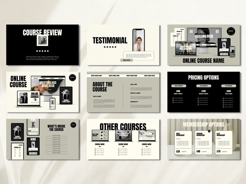 Puede incluir: Una p&aacute;gina de aterrizaje de curso en l&iacute;nea en blanco y negro con un fondo beige. La p&aacute;gina incluye secciones para rese&ntilde;as de cursos, testimonios, opciones de precios, opciones de membres&iacute;a y qu&eacute; hay dentro del curso. La p&aacute;gina tambi&eacute;n incluye una secci&oacute;n para otros cursos.