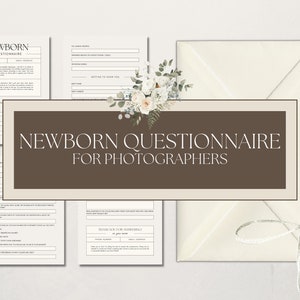 Puede incluir: Un sobre marrón con una cinta blanca atada alrededor. El sobre está sobre una superficie blanca con un diseño floral. El texto "NEWBORN QUESTIONNAIRE FOR PHOTOGRAPHERS" está en una pancarta marrón.