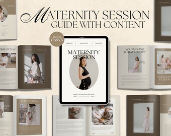Przewodnik dla klienta CANVA Modern Maternity Session z treścią, wstępnie napisany przewodnik powitalny, edytowalny przewodnik fotograficzny z tekstem, sesja ciążowa