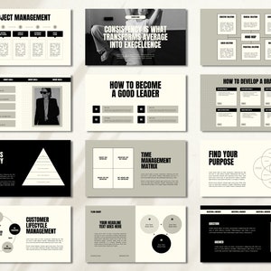 Puede incluir: Una presentaci&oacute;n de diapositivas con gr&aacute;ficos y texto en blanco y negro. Las diapositivas cubren temas como la gesti&oacute;n de proyectos, la coherencia, el liderazgo, el desarrollo de la marca, la jerarqu&iacute;a de necesidades de Maslow, la gesti&oacute;n del tiempo y la b&uacute;squeda de tu prop&oacute;sito.