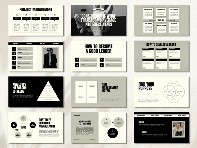 Puede incluir: Una presentaci&oacute;n de diapositivas con gr&aacute;ficos y texto en blanco y negro. Las diapositivas cubren temas como la gesti&oacute;n de proyectos, la coherencia, el liderazgo, el desarrollo de la marca, la jerarqu&iacute;a de necesidades de Maslow, la gesti&oacute;n del tiempo y la b&uacute;squeda de tu prop&oacute;sito.