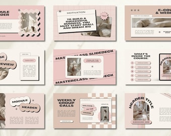 May include: A pink and white presentation slide deck with a retro design. The slides feature text about building a successful business, a masterclass, weekly group calls, and a course review. The slides also include images of a woman in a white dress and a woman in a pink dress.