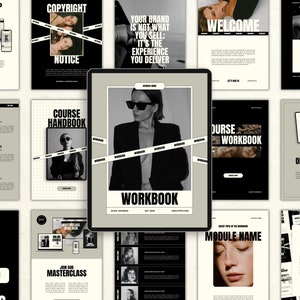 Może przedstawiać: Cyfrowy zeszyt ćwiczeń z czarno-białym zdjęciem kobiety w okularach przeciwsłonecznych i czarnej kurtce. Tekst "WORKBOOK" jest dużymi białymi literami na czarnym tle. Tekst "YOUR BRAND IS NOT WHAT YOU SELL: IT'S THE EXPERIENCE YOU DELIVER" znajduje się na osobnej stronie.