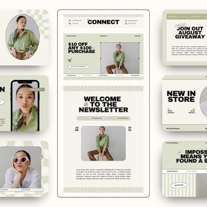 Può includere: Layout di marketing digitale con una combinazione di colori verde chiaro e bianco. Il testo include "Novità sul blog", "Collezione estiva" e "Benvenuti alla newsletter". Il layout include anche immagini di una persona che indossa vari outfit.