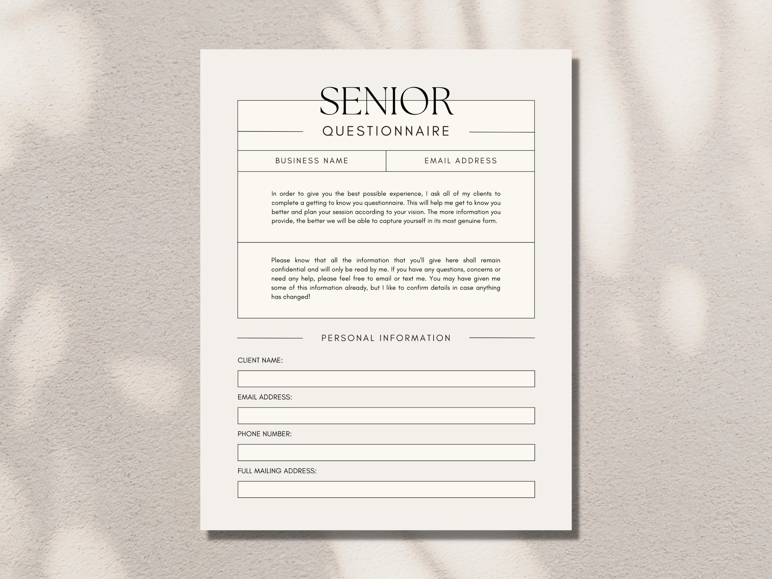 Senior Questionnaire.pdf Senior Session Photography Client Questionnaire Form, Canva Modern ...