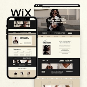 Pode incluir: Uma captura de tela de um site Wix para uma empresa de marketing de mídia social chamada Carcassonne Studio. O site apresenta um esquema de cores preto e branco com um design moderno. O texto no site diz "Mastering the Social Media Game", "Why Carcassonne", "Let Your Social Media Reach New Heights", e "Client Reviews".