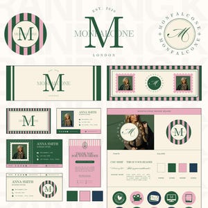 May include: A branding board design featuring various logo iterations and business card mockups. The primary logo element is a stylized "M" in dark green, with the name "MONFALCONE LONDON" and the year "EST 2020". The color palette includes dark green, pink, and navy.