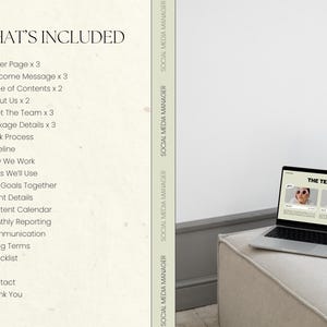 May include: A laptop displaying "THE TEAM" on its screen sits on a beige ottoman. The image also shows a list titled "WHAT'S INCLUDED" with bullet points such as "Cover Page," "Welcome Message," and "About Us." The background is a neutral wall.