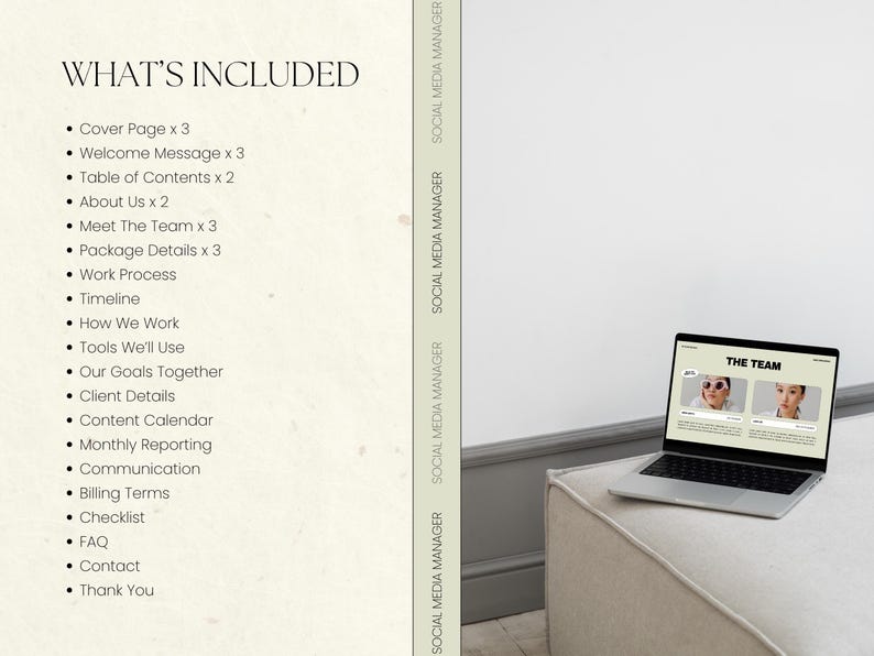 May include: A laptop displaying "THE TEAM" on its screen sits on a beige ottoman. The image also shows a list titled "WHAT'S INCLUDED" with bullet points such as "Cover Page," "Welcome Message," and "About Us." The background is a neutral wall.