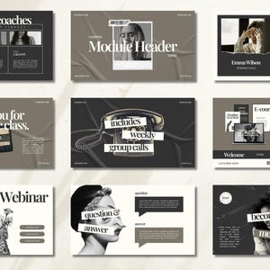 Puede incluir: Un conjunto de diapositivas de presentación con un esquema de color blanco y negro. Las diapositivas presentan imágenes de personas, un teléfono vintage, una cinta de casete y texto que dice "Conoce a tus entrenadores", "Encabezado del módulo", "Gracias por unirte a la clase", "incluye llamadas grupales semanales", "Webinar de curso electrónico", "Bienvenido", "Masterclass", "Curso y seminario web", "pregunta y respuesta", "conviértete en miembro", y "0000".