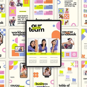 Può includere: Una raccolta di pagine di quaderno di lavoro digitali con un design moderno. Le pagine presentano uno sfondo color crema con forme geometriche colorate, foto e testo. L'immagine centrale mostra un tablet con il testo "Our Team at Grenoble."