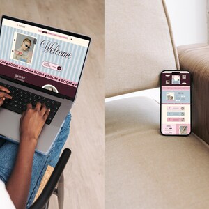 May include: A silver laptop displaying a website with a light blue striped background, the word Welcome, and the repeated text BOOM, alongside a smartphone showing a mobile version of the same website interface with pink and blue color blocks.