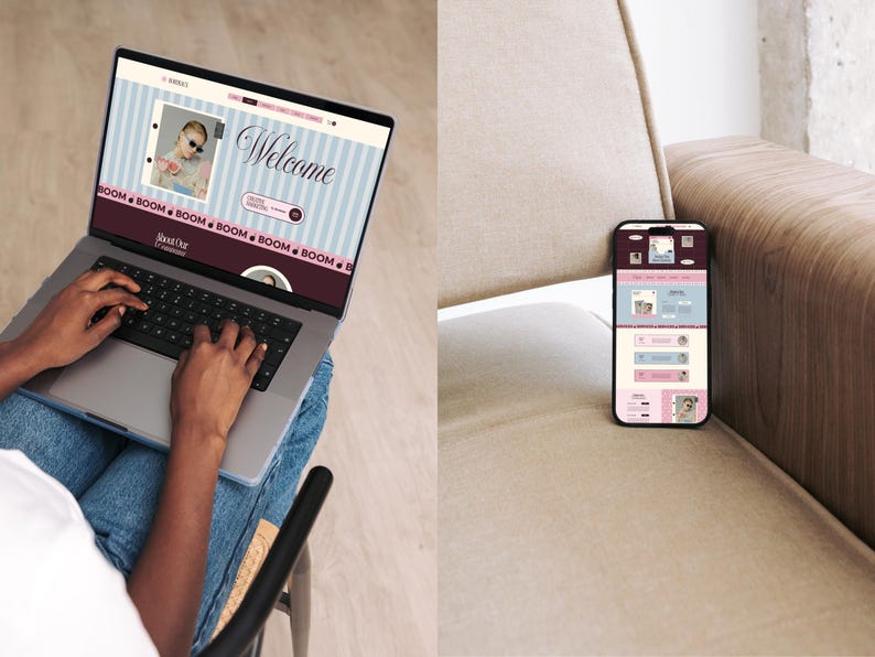 May include: A silver laptop displaying a website with a light blue striped background, the word Welcome, and the repeated text BOOM, alongside a smartphone showing a mobile version of the same website interface with pink and blue color blocks.