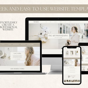 K&ouml;nnte beinhalten: Eine Website-Vorlage f&uuml;r Fotografen, mit einem Laptop, Tablet und Smartphone, auf denen eine Website mit dem Text "LOVE NOTES" und "HOW BOOKING WORKS" angezeigt wird. Die Website zeigt auch den Text "FINE ART PHOTOGRAPHY" und den Namen "VIVA CE".