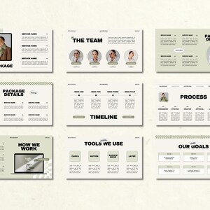 May include: A collection of presentation slides with a neutral color palette. The slides include headings such as "Your Package", "The Team", "Package Details", "Timeline", "Tools We Use", "Process", and "Our Goals". The design incorporates images and text.