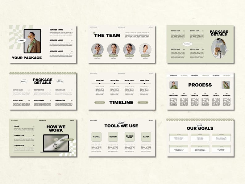 May include: A collection of presentation slides with a neutral color palette. The slides include headings such as "Your Package", "The Team", "Package Details", "Timeline", "Tools We Use", "Process", and "Our Goals". The design incorporates images and text.