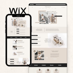 Könnte beinhalten: Ein Screenshot einer Website, die einen virtuellen Assistentenservice für Unternehmer anbietet. Die Website ist minimalistisch gestaltet mit einem beigefarbenen Hintergrund und schwarzem Text. Die Website zeigt ein Foto einer Frau in einem weißen Pullover und Jeans, die auf einem Sofa sitzt. Der Text auf der Website lautet "Mach dir keine Sorgen um Kleinigkeiten" und "Virtuelle Assistentendienstleistungen".