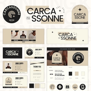Puede incluir: Una colección de elementos de marca para Carcassonne, Nueva York, que incluye logotipos, tarjetas de visita y un diseño web. Los diseños presentan una estética minimalista con una paleta de colores neutros y el texto "CARCASSONNE" y "ANNA SMITH".