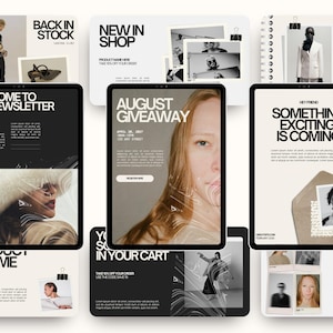 May include: A collection of digital marketing materials, including tablet displays with text and images. The designs feature a neutral color palette with black and white text, and images of people and products. The text includes phrases like "Back in Stock" and "August Giveaway."