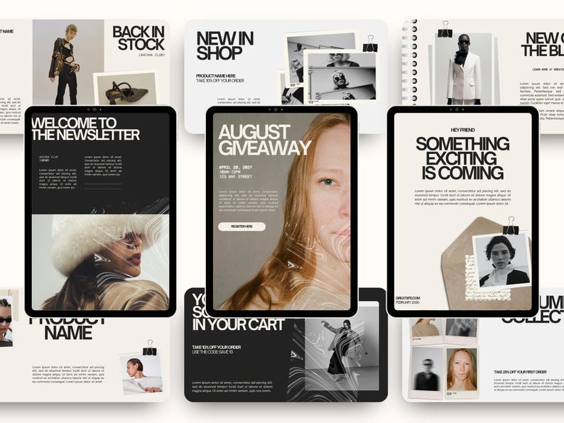 May include: A collection of digital marketing materials, including tablet displays with text and images. The designs feature a neutral color palette with black and white text, and images of people and products. The text includes phrases like "Back in Stock" and "August Giveaway."