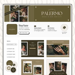 May include: A mock-up of an Etsy shop page with a green and gold colour scheme. The shop name is "Palermo" and the shop sells Etsy banner templates. The page features images of flowers, jewellery, and a product name placeholder. The text "Welcome to Palermo" is displayed in a decorative font.