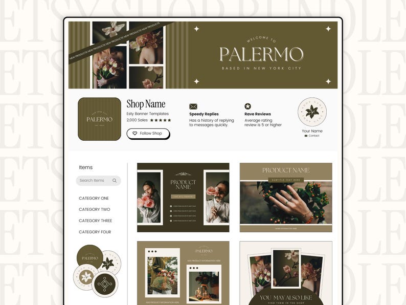 May include: A mock-up of an Etsy shop page with a green and gold colour scheme. The shop name is "Palermo" and the shop sells Etsy banner templates. The page features images of flowers, jewellery, and a product name placeholder. The text "Welcome to Palermo" is displayed in a decorative font.