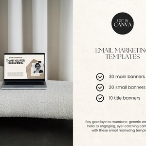 May include: A laptop displaying an email marketing template with the text "THANK YOU FOR SUBSCRIBING." The image also includes the text "EMAIL MARKETING TEMPLATES" and lists 30 main banners, 20 small banners, and 10 title banners.