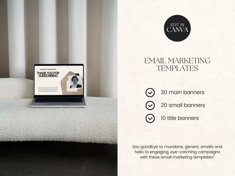 May include: A laptop displaying an email marketing template with the text "THANK YOU FOR SUBSCRIBING." The image also includes the text "EMAIL MARKETING TEMPLATES" and lists 30 main banners, 20 small banners, and 10 title banners.