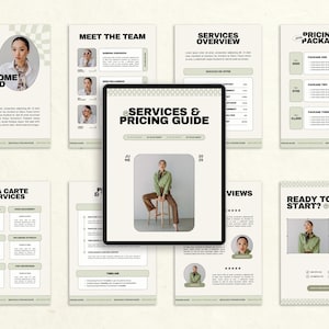 May include: A series of light beige and white documents with black text. The documents include "Welcome Friend", "Meet the Team", "Services Overview", "Pricing & Packages", "Services & Pricing Guide", "A La Carte Services", "Views", and "Ready to Start?" The central document features a woman in a green shirt.