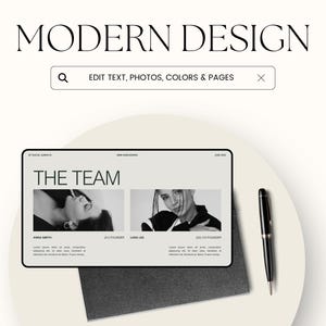 Pu&ograve; includere: Un concetto di design minimalista con le parole "MODERN DESIGN" in alto. Un tablet mostra "THE TEAM" con due ritratti in scala di grigi. Una penna nera &egrave; appoggiata accanto al tablet su una superficie neutra.