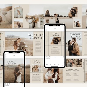 May include: A wedding photography website with a beige and brown color scheme. The website features images of a couple in various locations, including a desert and a beach. The website also includes text such as "Now Booking Weddings 2021", "What to Expect", "Love Notes", "Forever Kind of Love", "Wedding Collections", "Did You Know", "Frequently Asked Questions", and "Get in Touch".