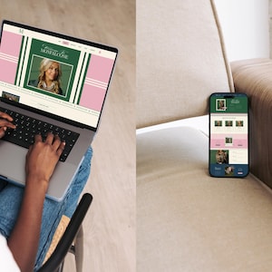 May include: A laptop and smartphone displaying a website with a green, pink, and white color scheme. The laptop shows a person typing, while the phone rests on a beige surface. The website features a portrait and the text "Welcome to MONFALCONE."